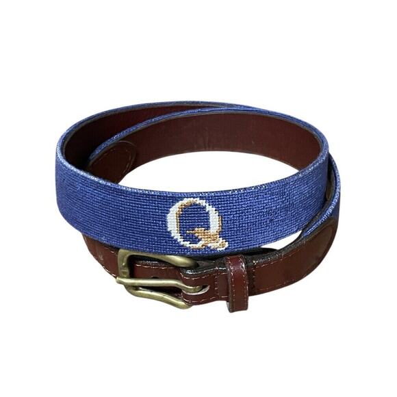 Smathers & Branson Quail Hollow Needlepoint Leather Belt USA Blue Size 34 Men